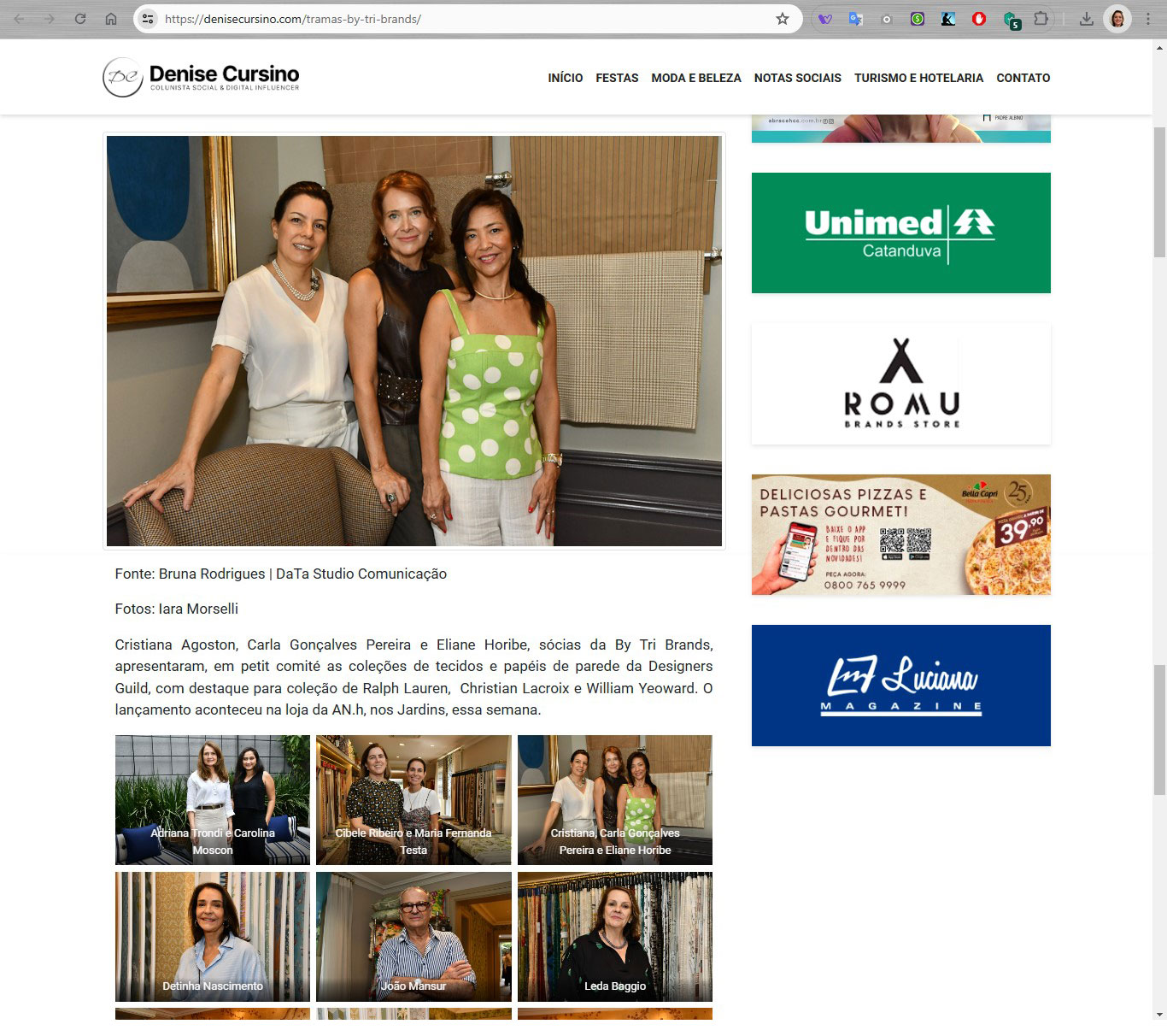 Recorte da tela do site Denise Cursino com a matéria Tramas By Tri Brands
