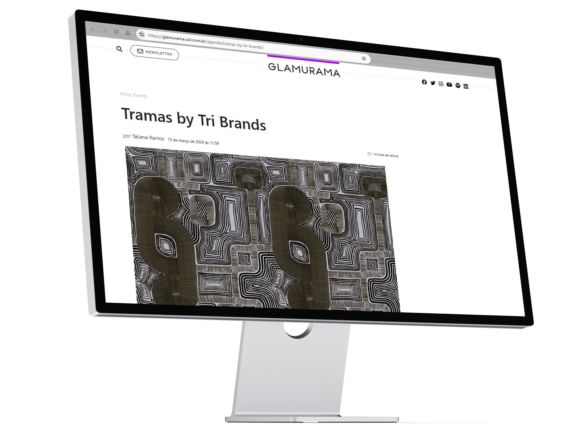 Tela de computador mostrando site Glamurama com uma matéria dos tecidos revendidos pela ByTriBrands.